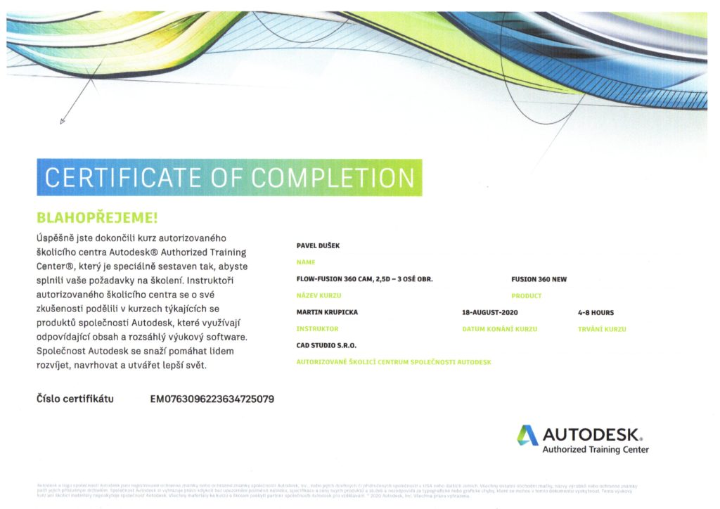 Certifikát Autodesk-Dušek