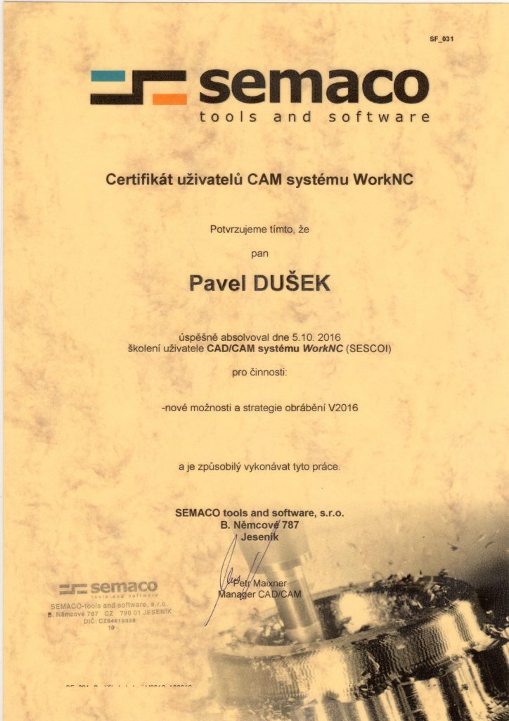 CNCPROGRAMOVANI-certifikát WorkNC 2016