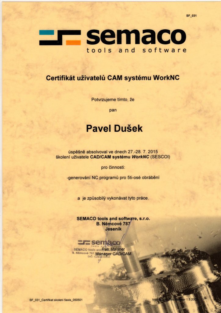 CNCPROGRAMOVANI-certifikát WorkNC 5osé frézování